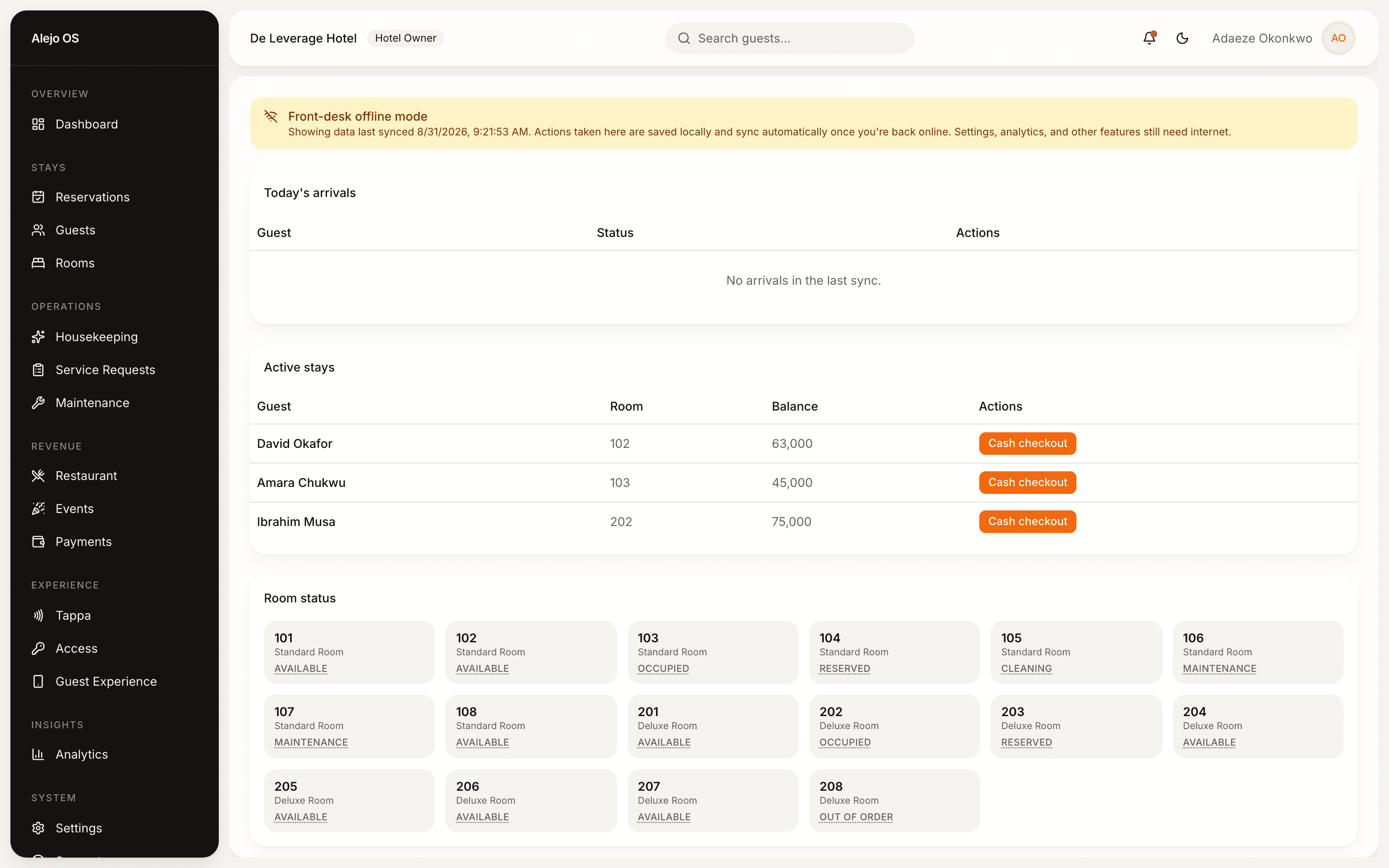 Alejo OS front-desk offline mode showing cached arrivals, active stays, and room status